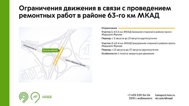 Движение транспорта ограничат на участках МКАД с 5 до 27 августа