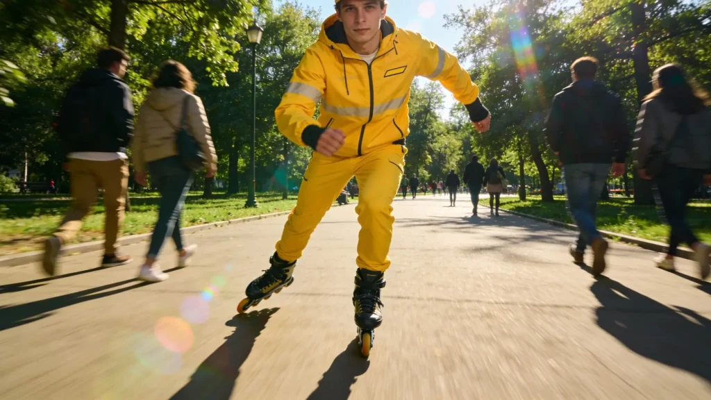 Велокурьер на велосипеде с термокоробом за спиной быстро едет по тротуару. Велокурьер на велосипеде с термокоробом за спиной быстро едет по тротуару.