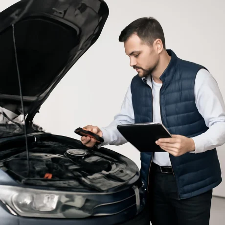 Эксперт-оценщик проводит диагностику автомобиля перед выкупом