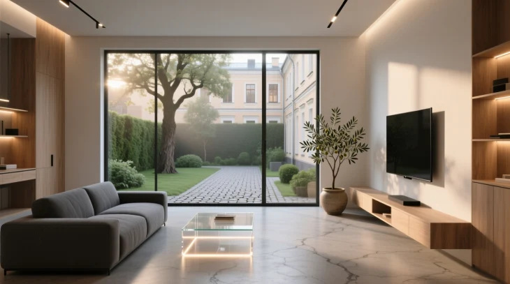 Интерьер современных апартаментов в Санкт-Петербурге с панорамными окнами и видом во двор