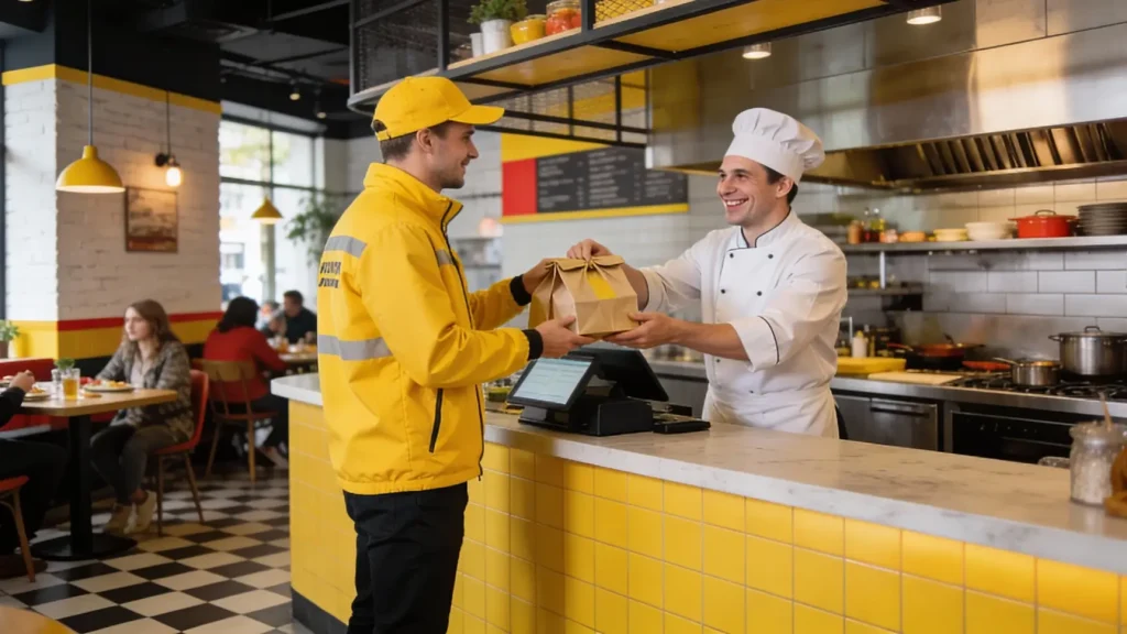 Автокурьер достает упакованные пакеты с едой из багажника легкового автомобиля. Автокурьер достает упакованные пакеты с едой из багажника легкового автомобиля.