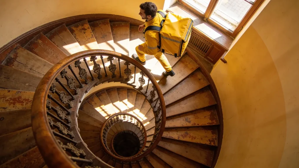 Курьер службы доставки передает заказ клиенту у входа в жилой дом. Курьер службы доставки передает заказ клиенту у входа в жилой дом.