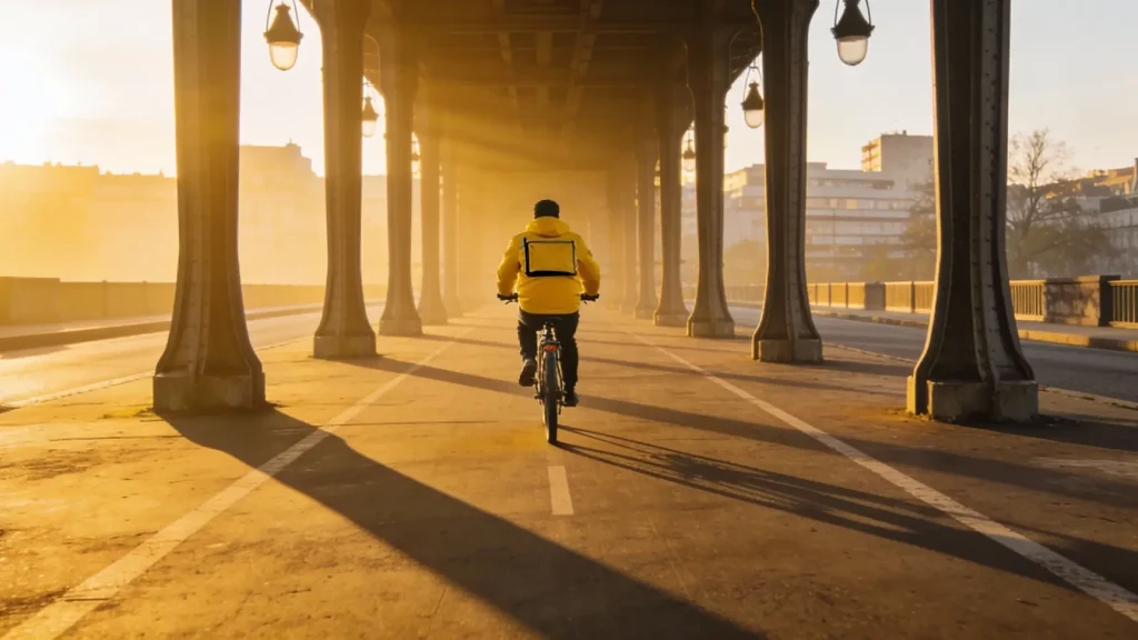 Курьер в яркой экипировке стоит перед дверью квартиры в ожидании клиента. Курьер в яркой экипировке стоит перед дверью квартиры в ожидании клиента.