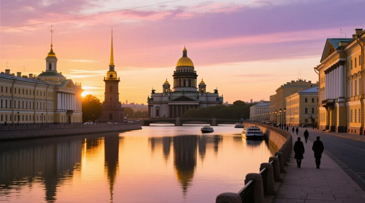 Вид на центр Санкт-Петербурга на закате с Невой и историческими зданиями